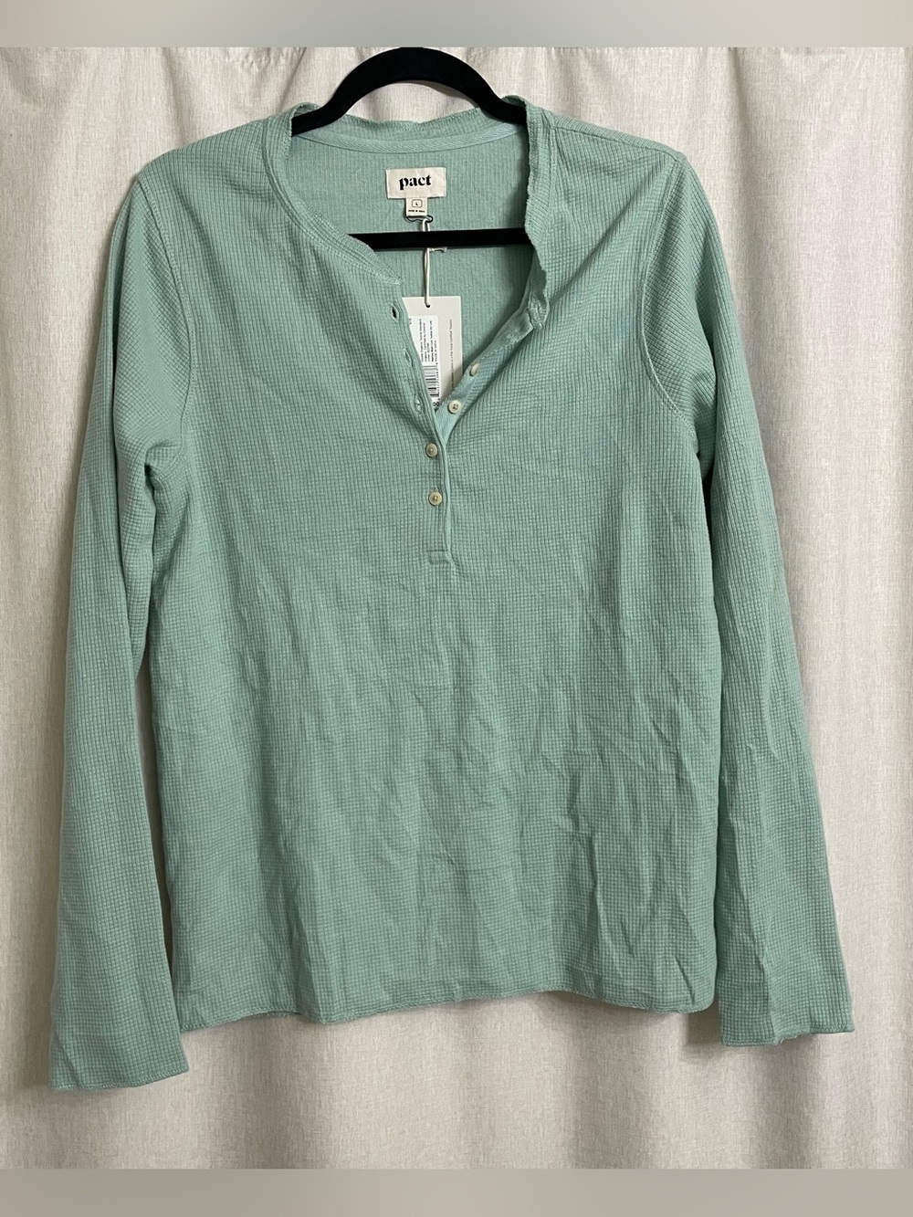 NWT Pact Iris Henley Large Blue Surf 100% Organic Cotton Waffle Top